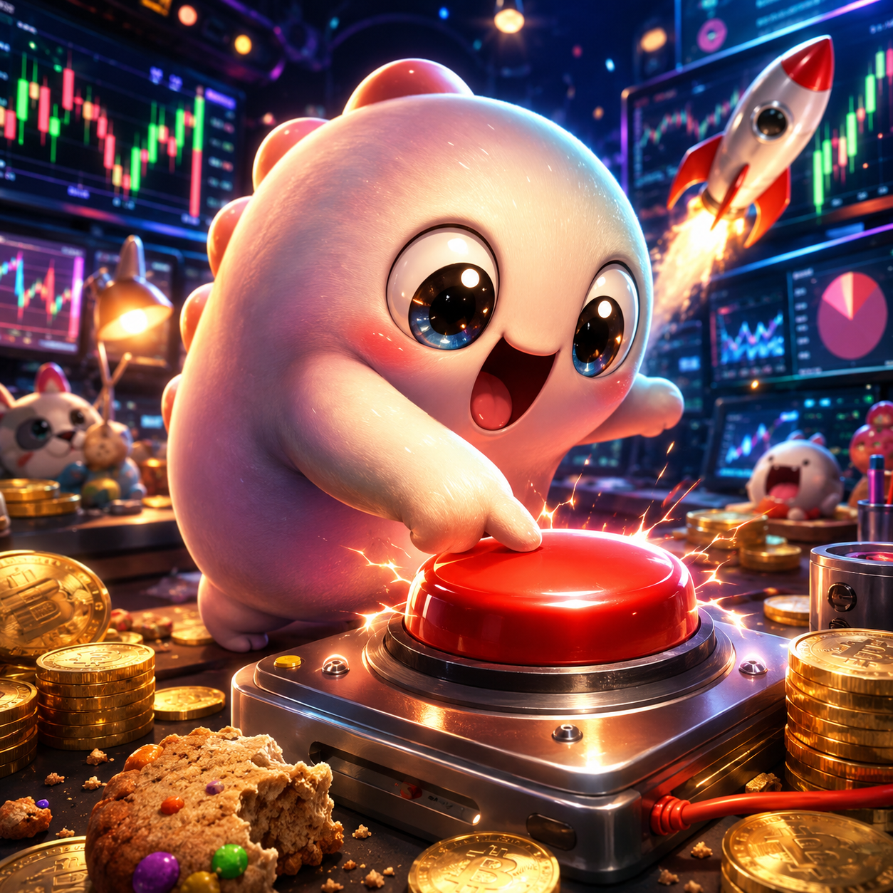 $BOOP mascot pressing a giant red button surrounded by coins and trading charts